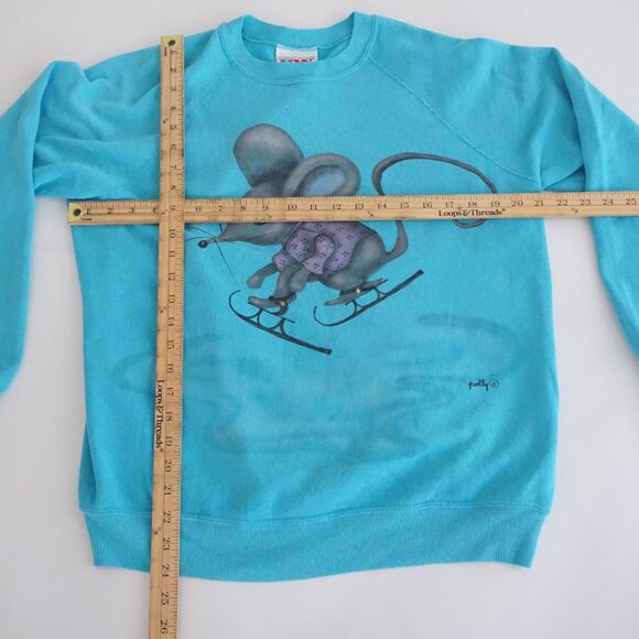 Vintage Bassett-Walker Turquoise Skiing Mouse Graphic Winter Sweatshirt L - Picture 3 of 9